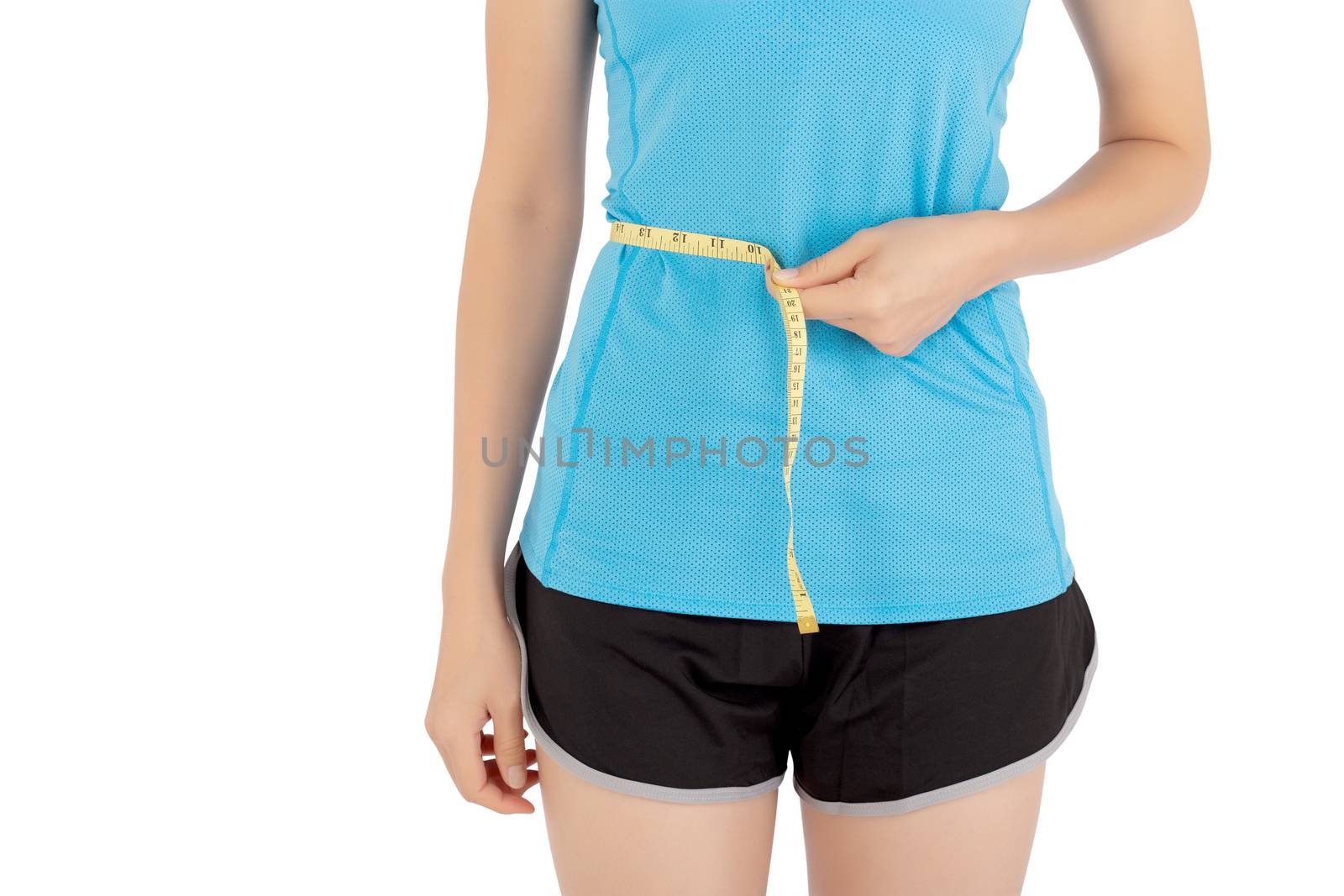 Asian woman in sport clothes and body slim with measuring waist for weight isolated on white background, girl exercise have cellulite and calories loss with tape measure, health concept.