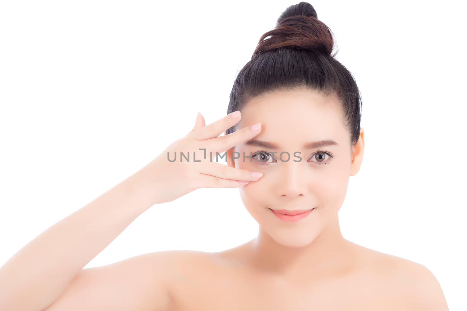 Portrait of beautiful woman makeup of cosmetic, girl hand eye and smile attractive, face of beauty perfect with wellness isolated on white background with skin healthcare concept.