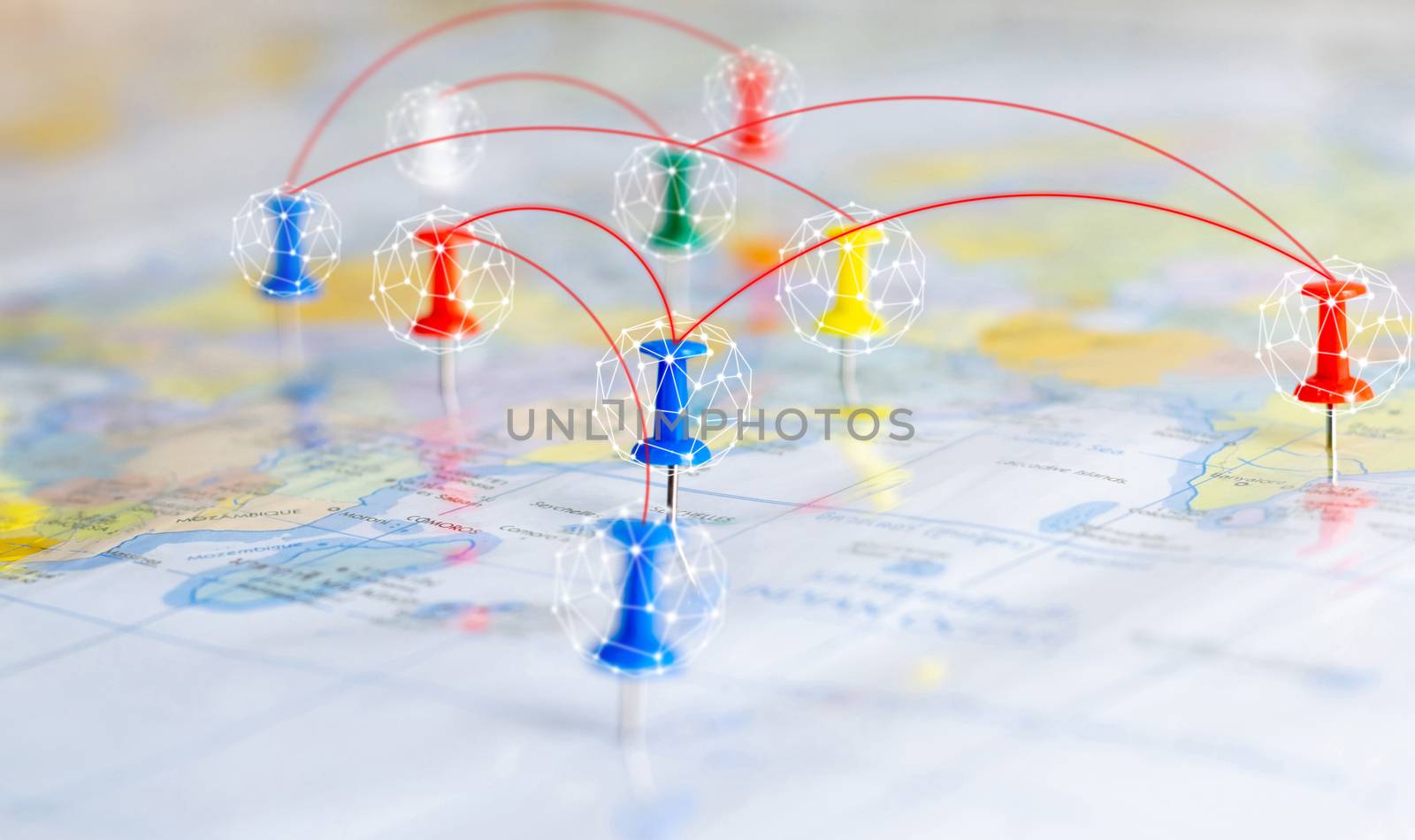 Communication connect network push pin on the world map   by sompongtom