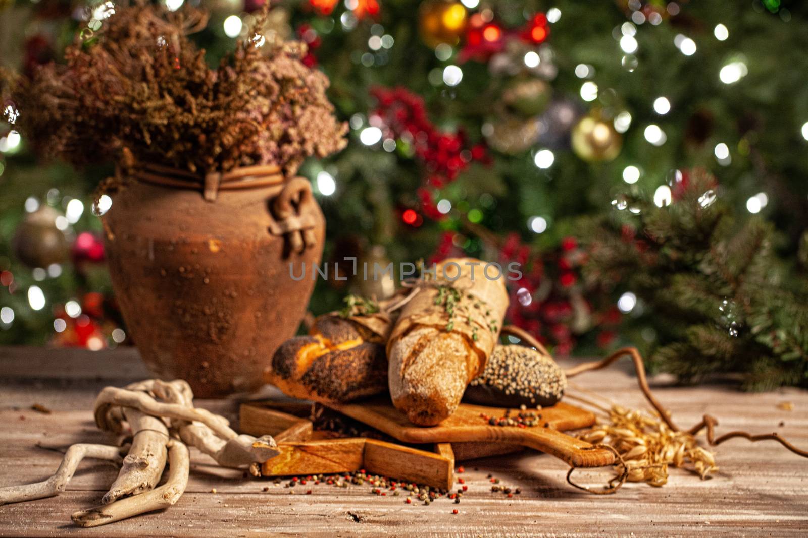 New year tree and food on a glass background