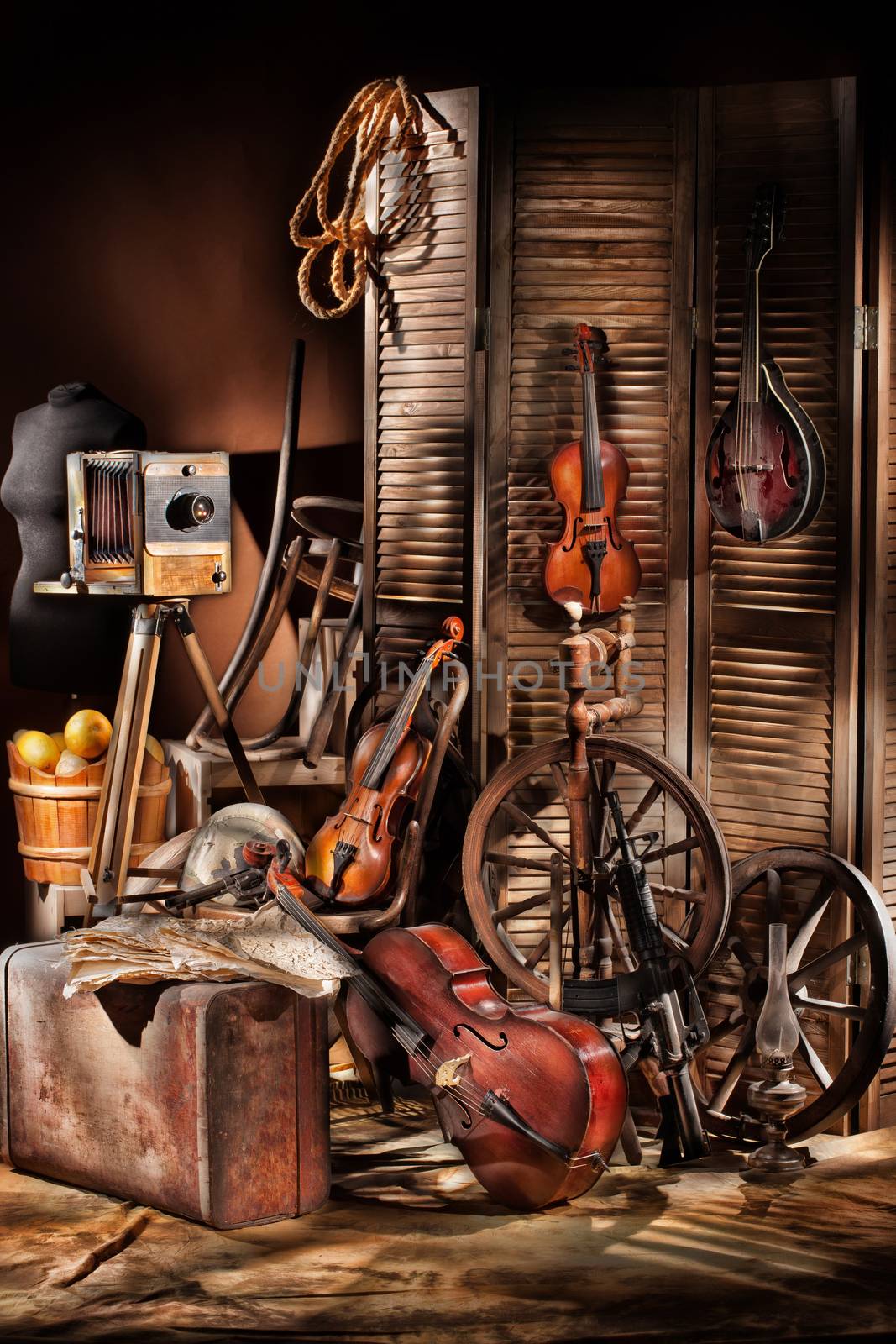 Old photocamera, violins on a studio background