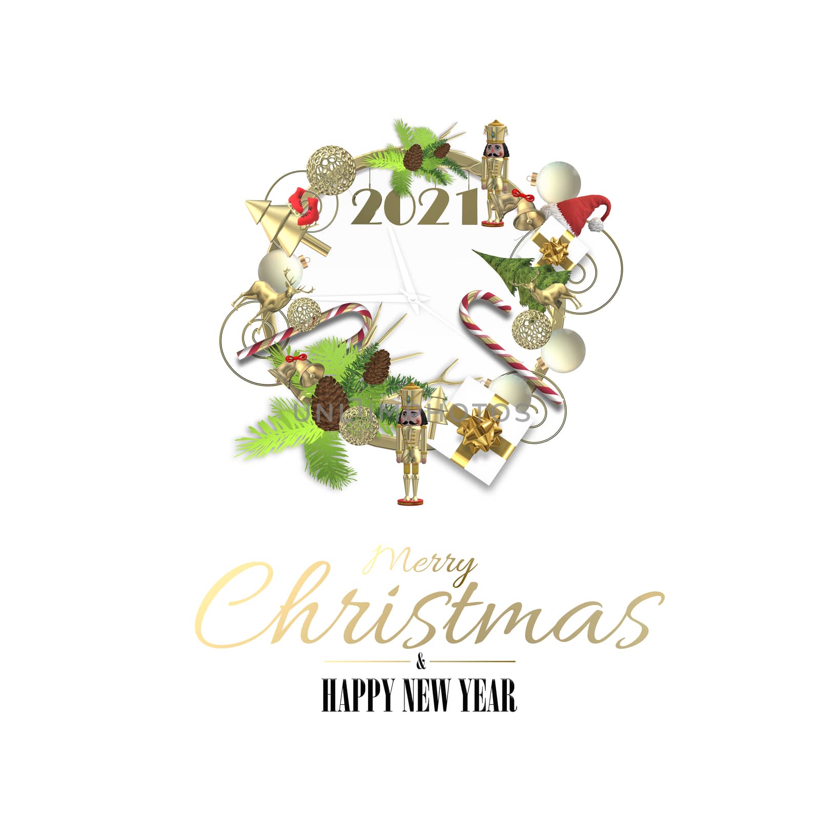 Christmas design with Xmas symbols and digit 2021 on white background. Set of Xmas symbols in gold red colours over white. Golden text Merry Christmas Happy New year. 3D illustration
