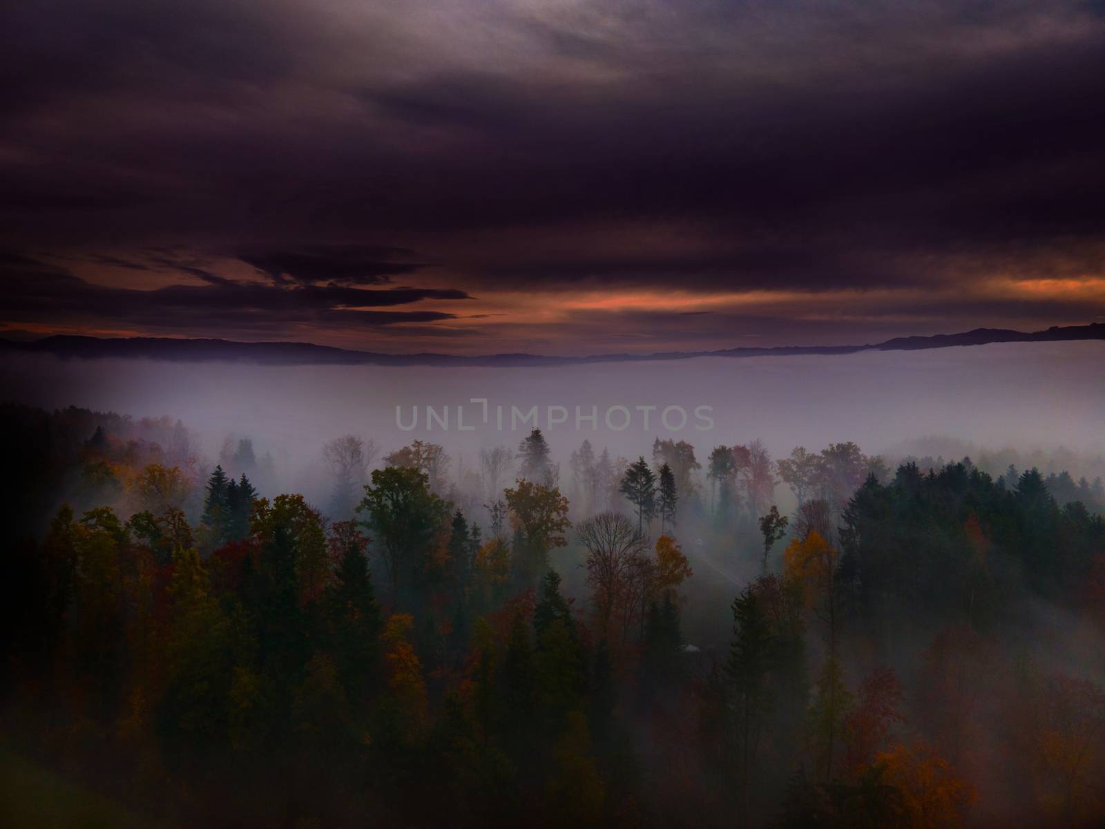 Panoramic foggy landscape with mountains in morning. Landscape by PeterHofstetter