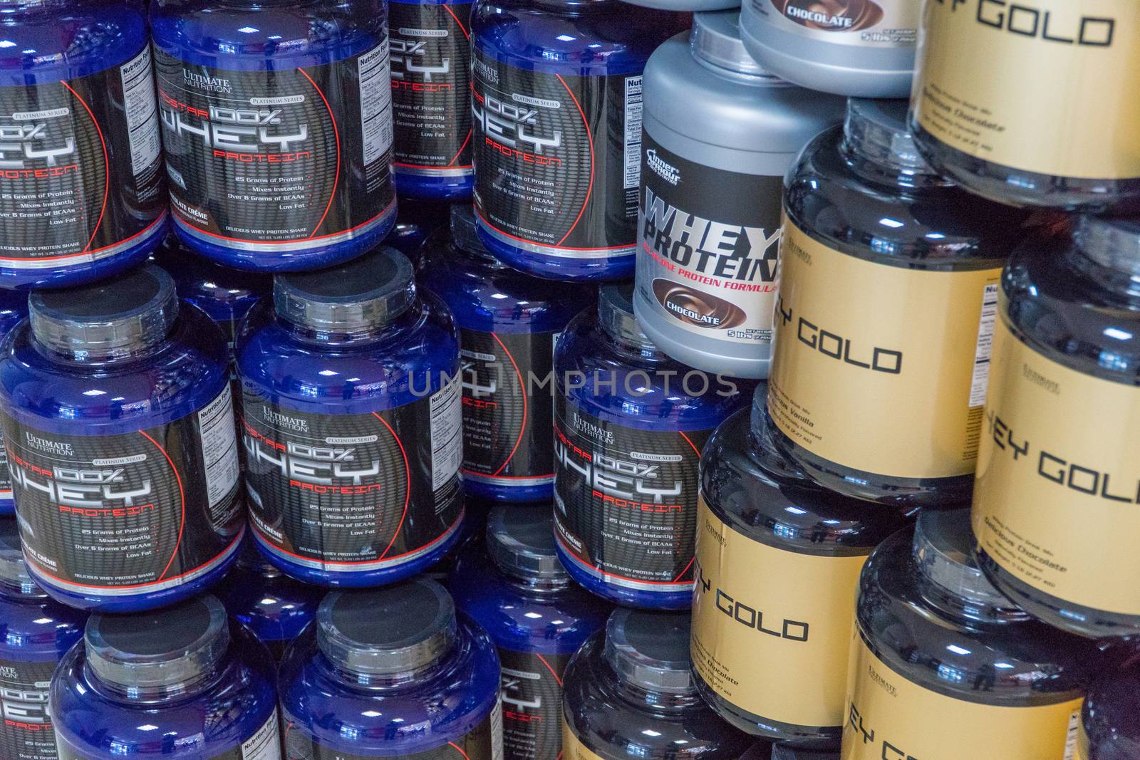 Tashkent, Uzbekistan - November 10, 2019 : Diversity of food supplements and sports nutrition products in the store