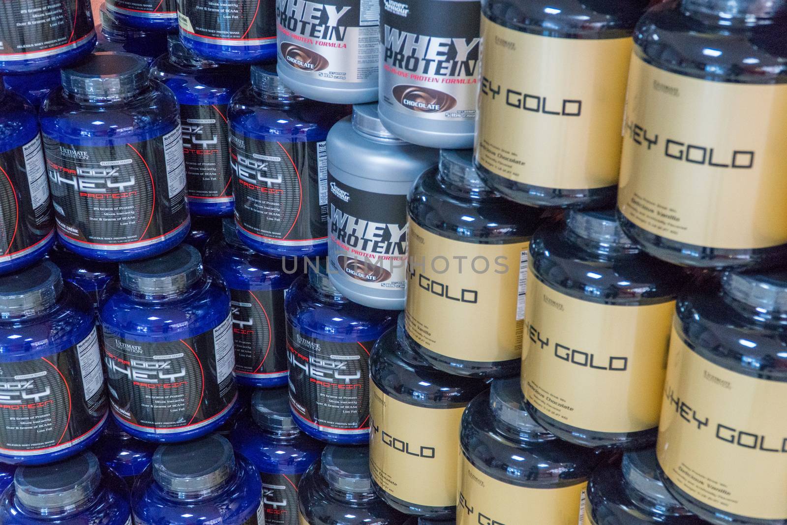 Tashkent, Uzbekistan - November 10, 2019 : Diversity of food supplements and sports nutrition products in the store