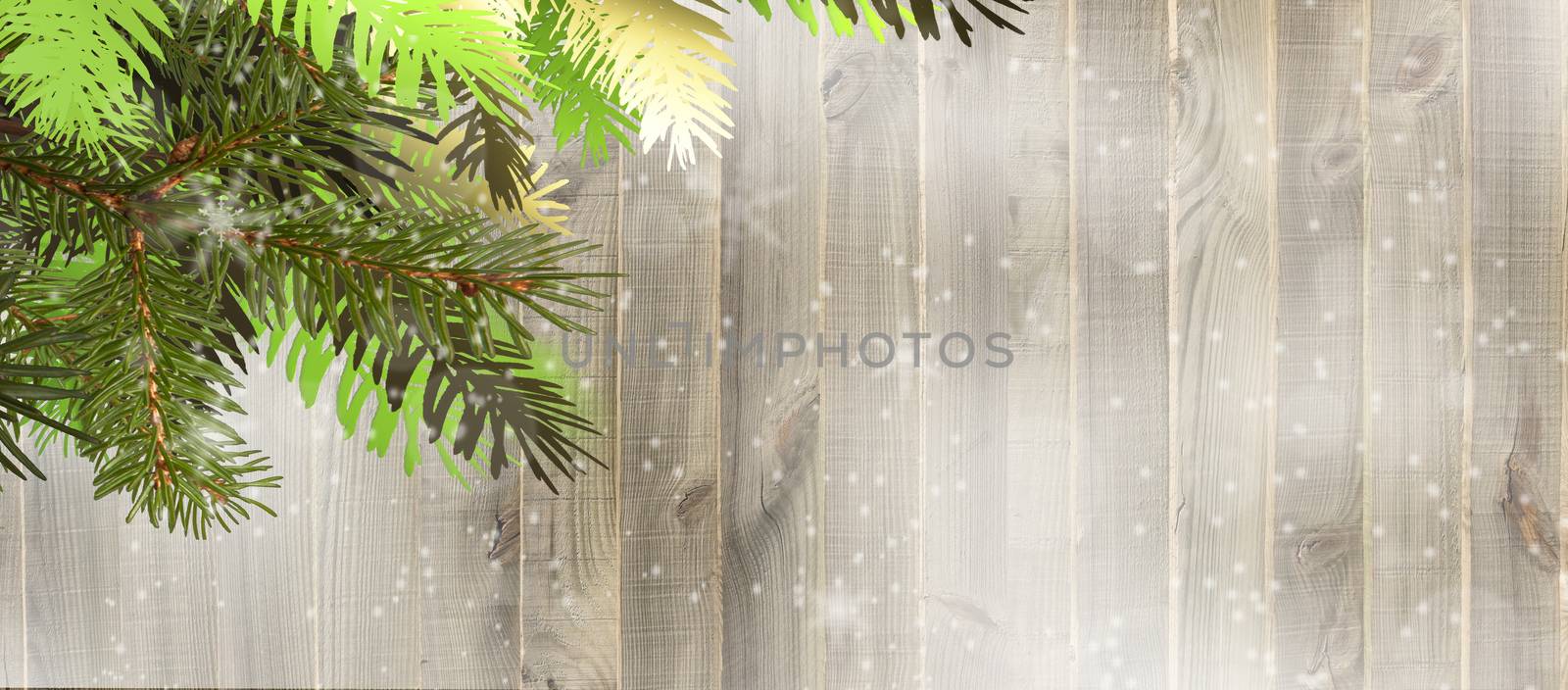 Christmas wooden background with fir. Christmas tree branches, snowflakes, snow on wooden background. Horizontal 3D illustration. Flat lay on wood. Copy space