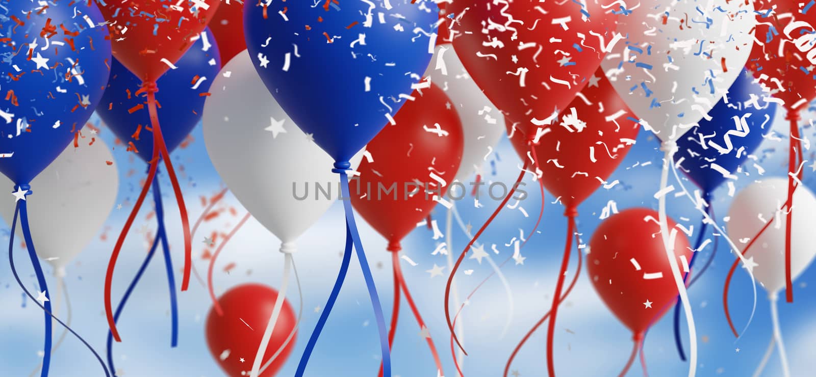 Balloon with confetti falling on sky background 3d render