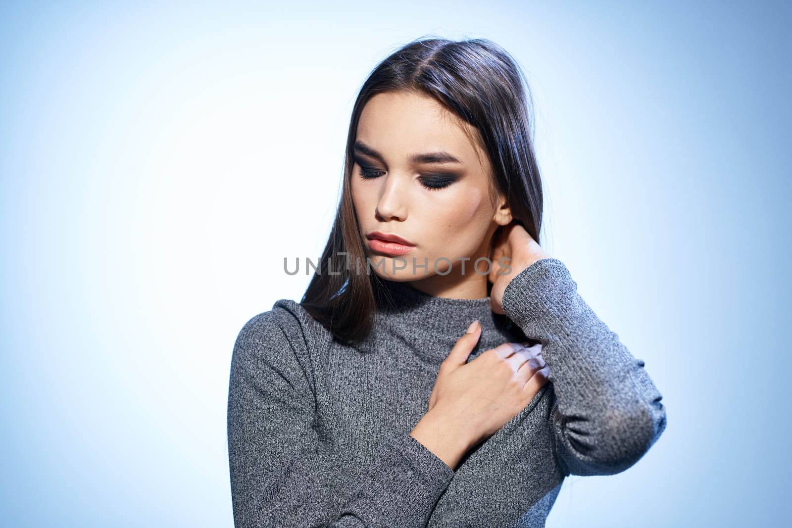beautiful woman bright makeup gray jacket attractive look luxury model studio. High quality photo