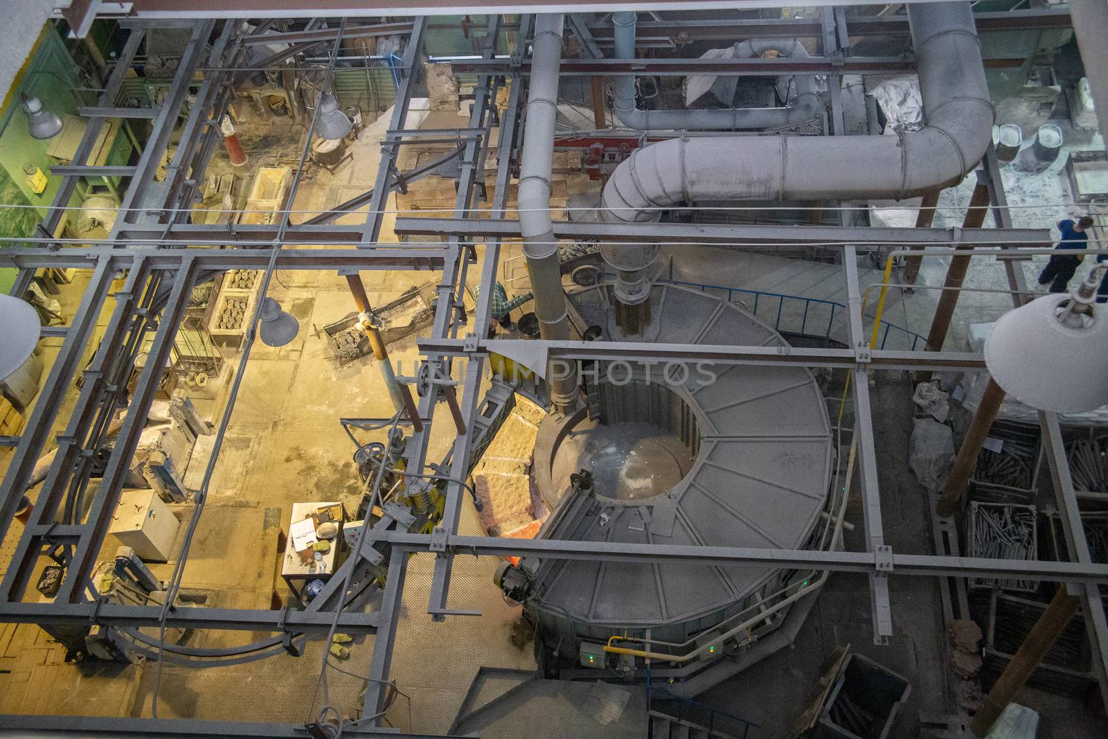 Rotating oven in lost wax casting foundry shop - view from above.