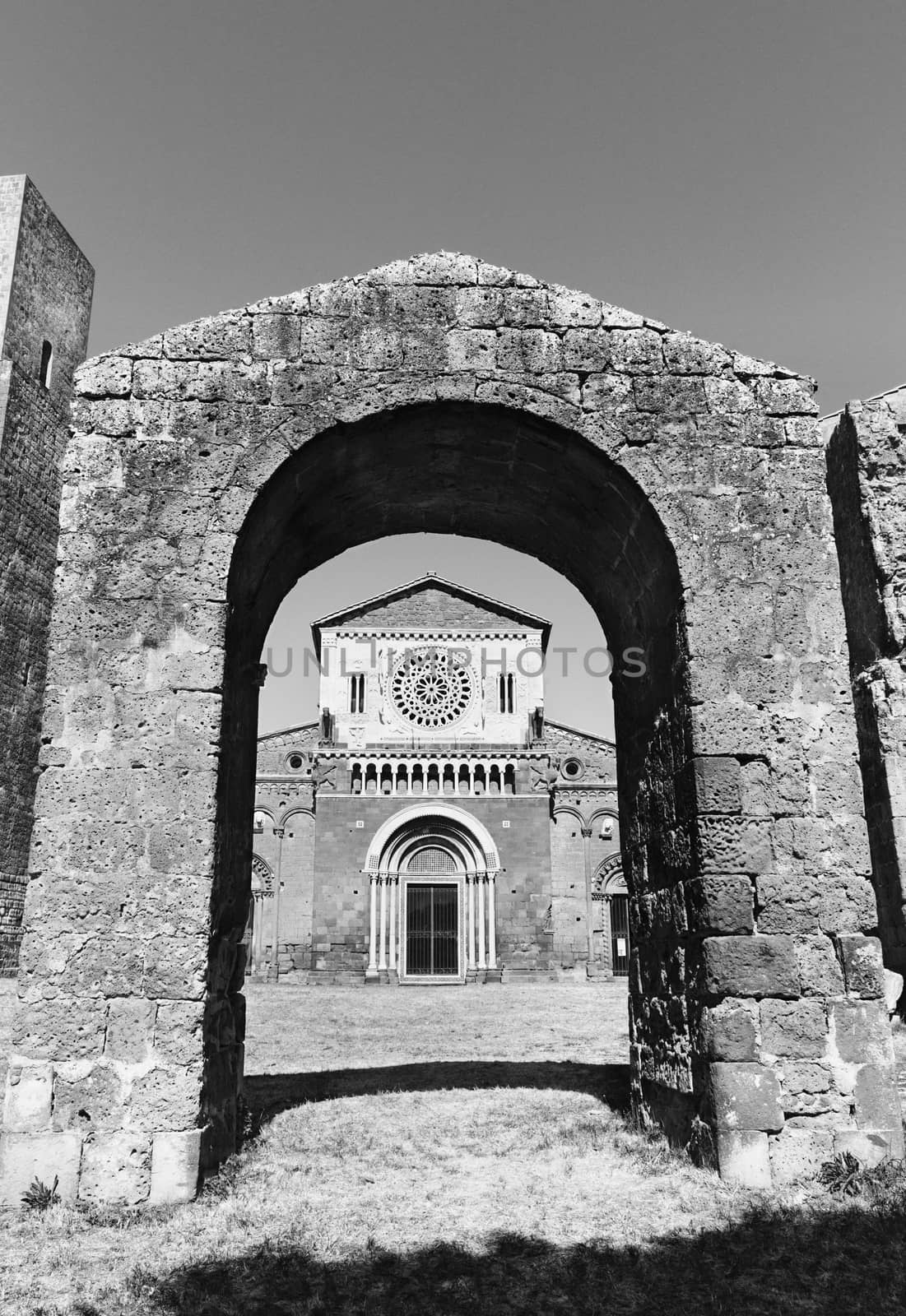 TUSCANIA-ITALY-August 2020 -view of San Pietro church ,beautiful rose window with mosaics ,animal reliefs and figures , black and white photography