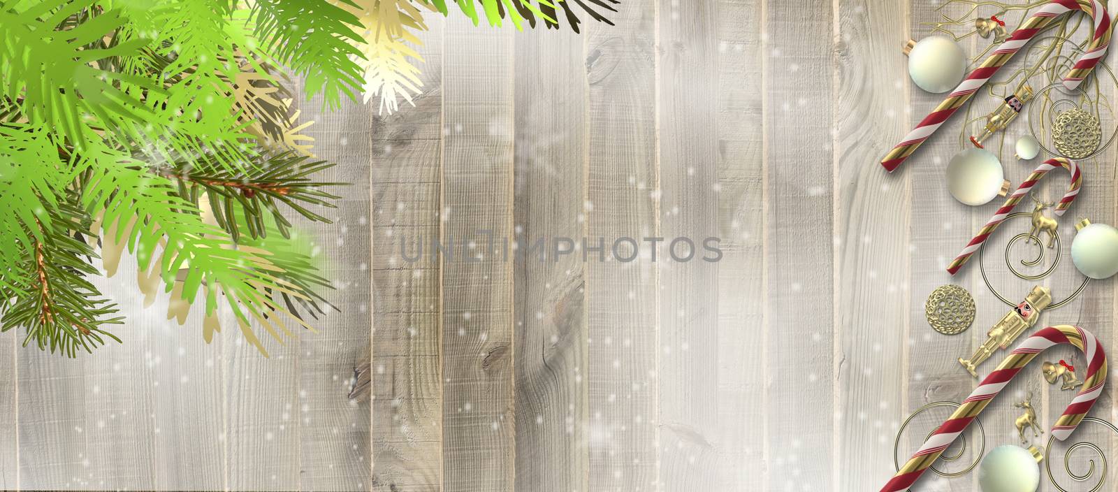 Christmas frame of realistic 3D Xmas symbols on wood. Xmas fir branches, 3D Xmas balls baubles, gold symbols on wooden background. Horizontal festive 3D illustration. Flat lay, place for text