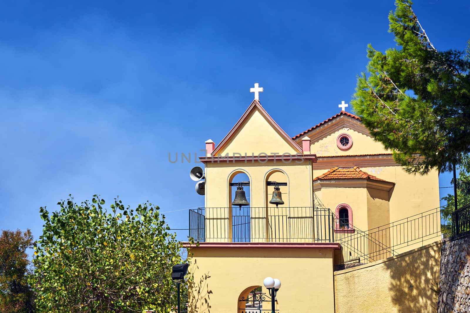 Orthodox church with a belfry on the island of Kefalonia in Greece