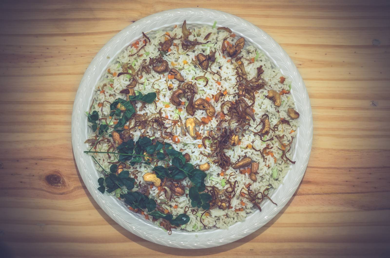 Basmati fried rice plate on a table top view by nilanka