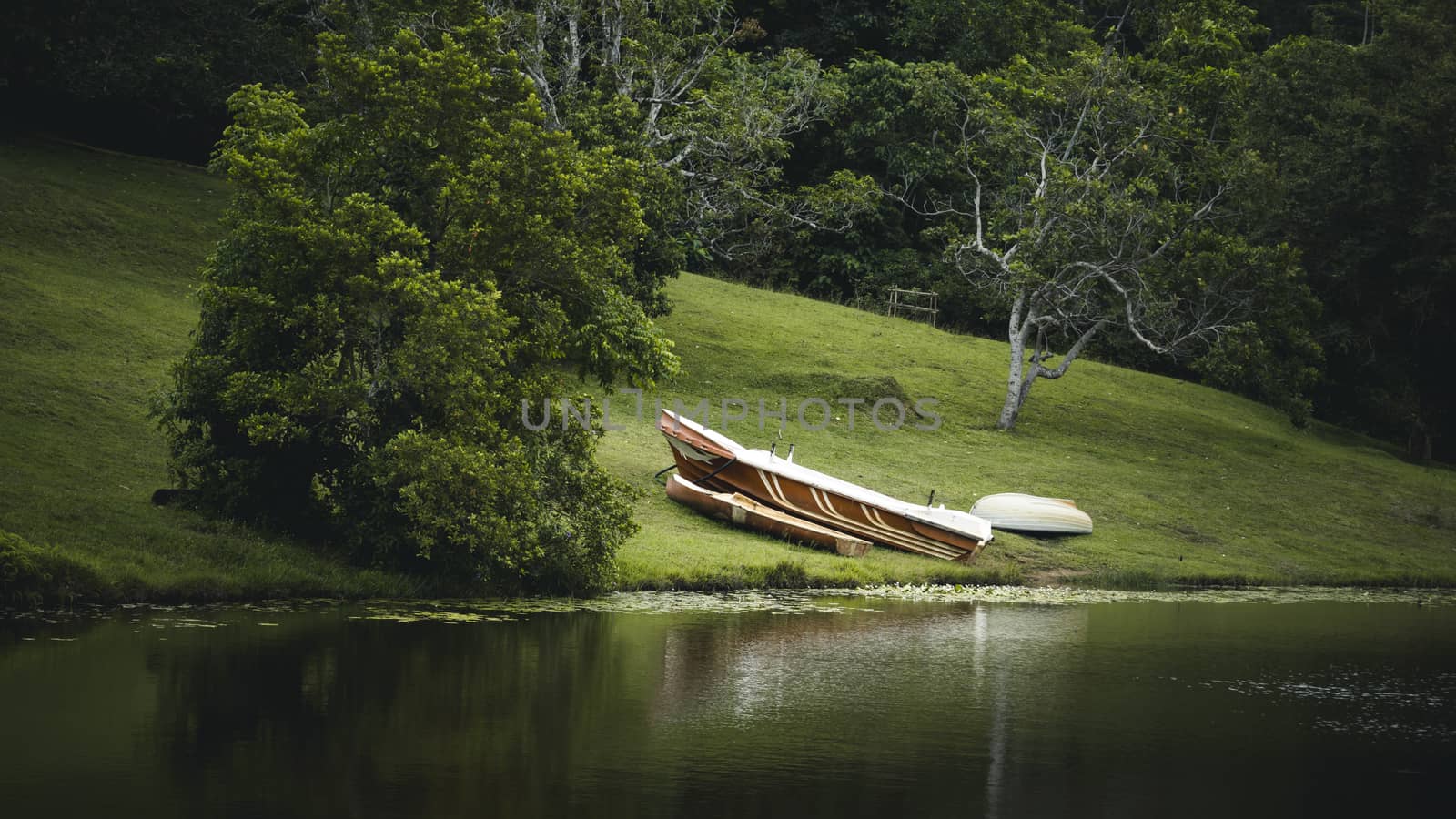 Beautiful landscape of Hiyare Reservoir boat on the ground reflection vibrant colors by nilanka