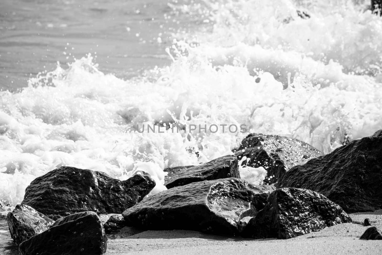 Ocean waves crashing in to rocks in sandy jungle beach