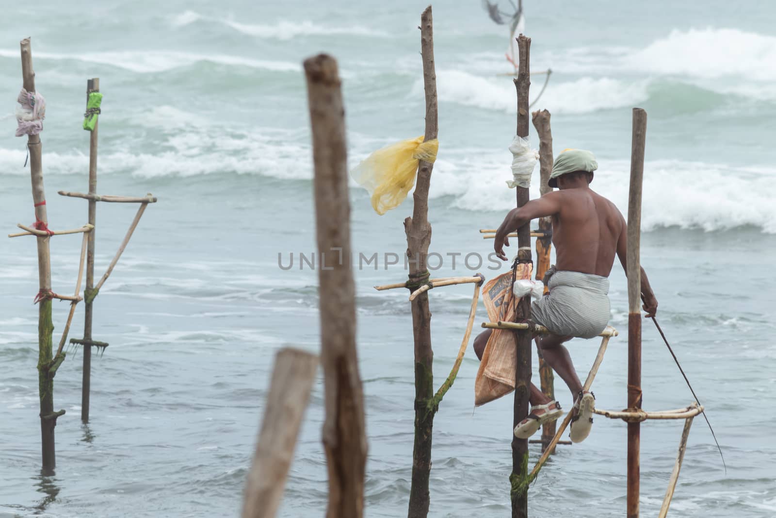 Old stilt fisherman with his wooden rod facing back to camera angel, fishing in a traditional unique method in Sri Lankan culture, sunny bright evening on the beach.