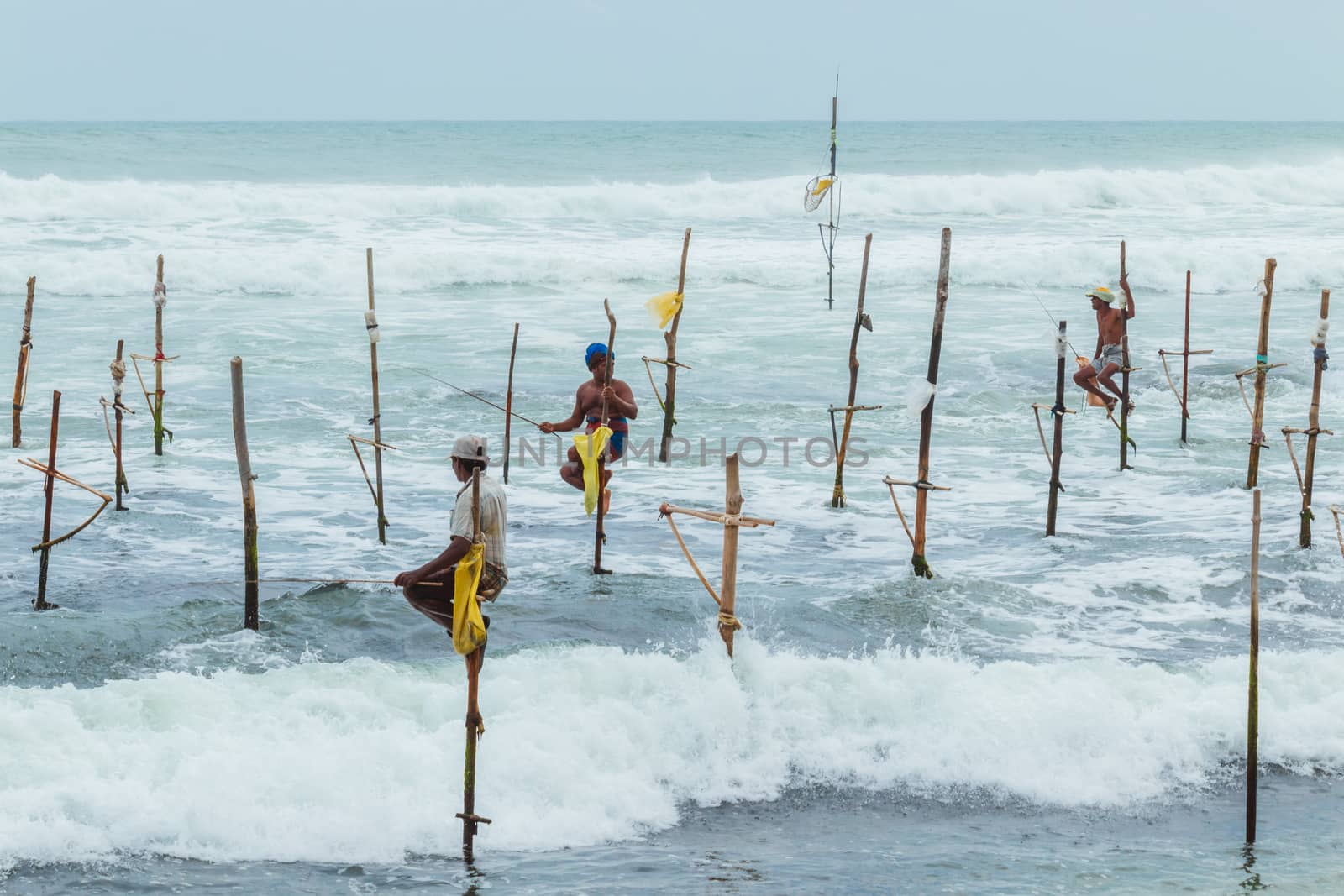 Weligama, Southern Province / Sri Lanka - 07 26 2020:Stilt fishermen beautiful scenery in southern Sri Lanka.