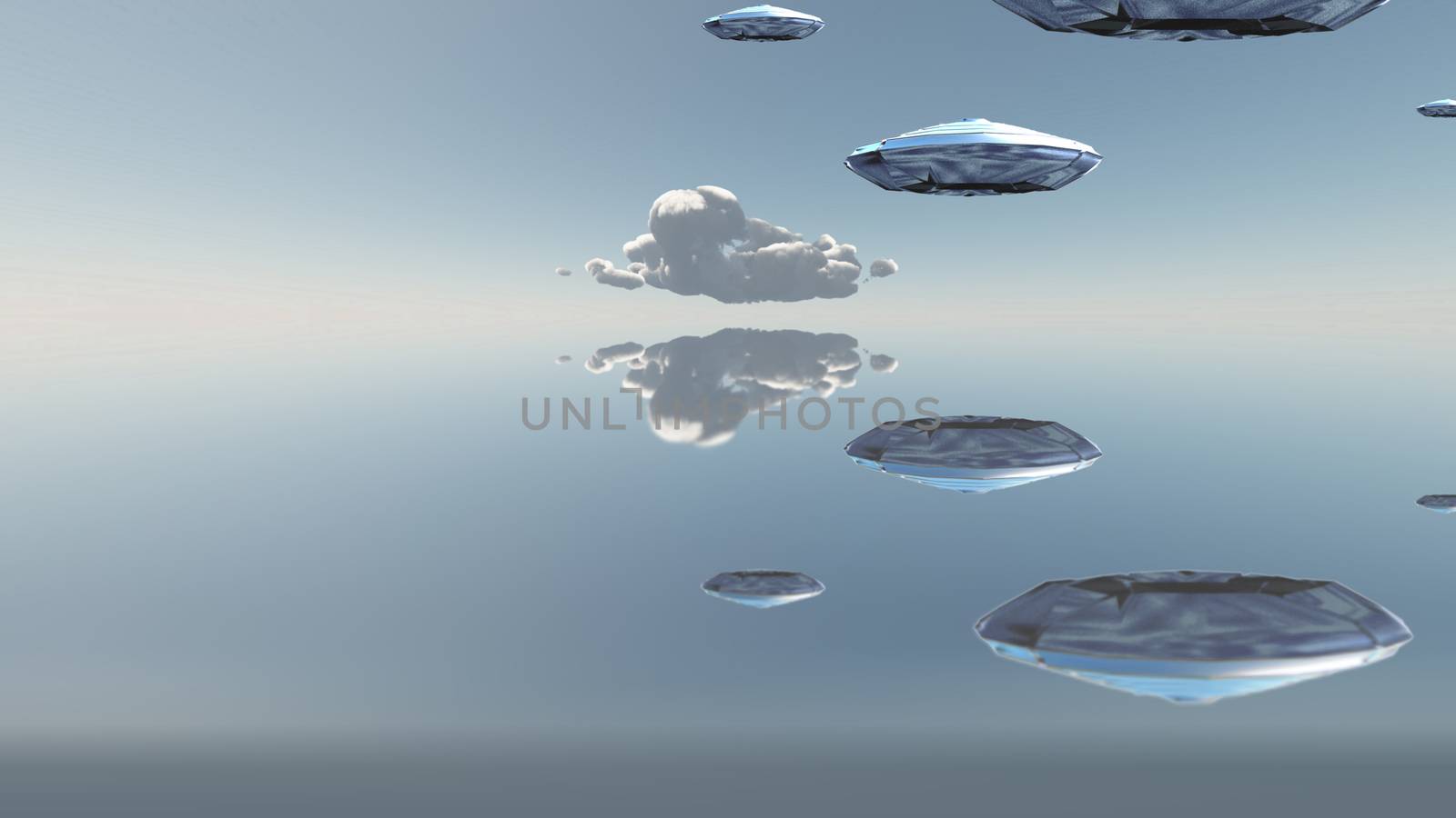 Flying saucers over water surface. 3D rendering
