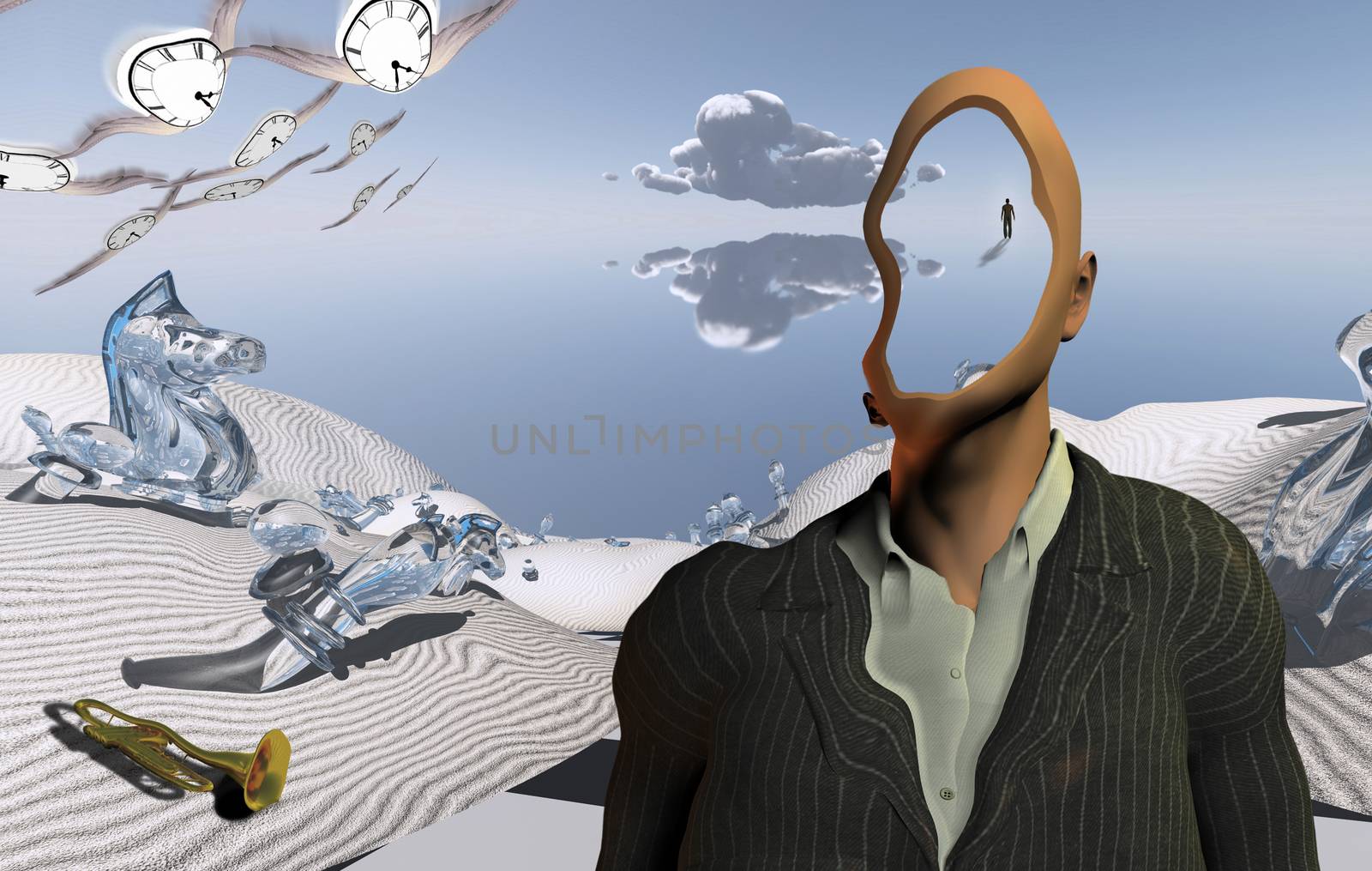 Surreal desert with chess figures and trumpet. Faceless man in suit and winged clocks. Figure of man in a distance. 3D rendering