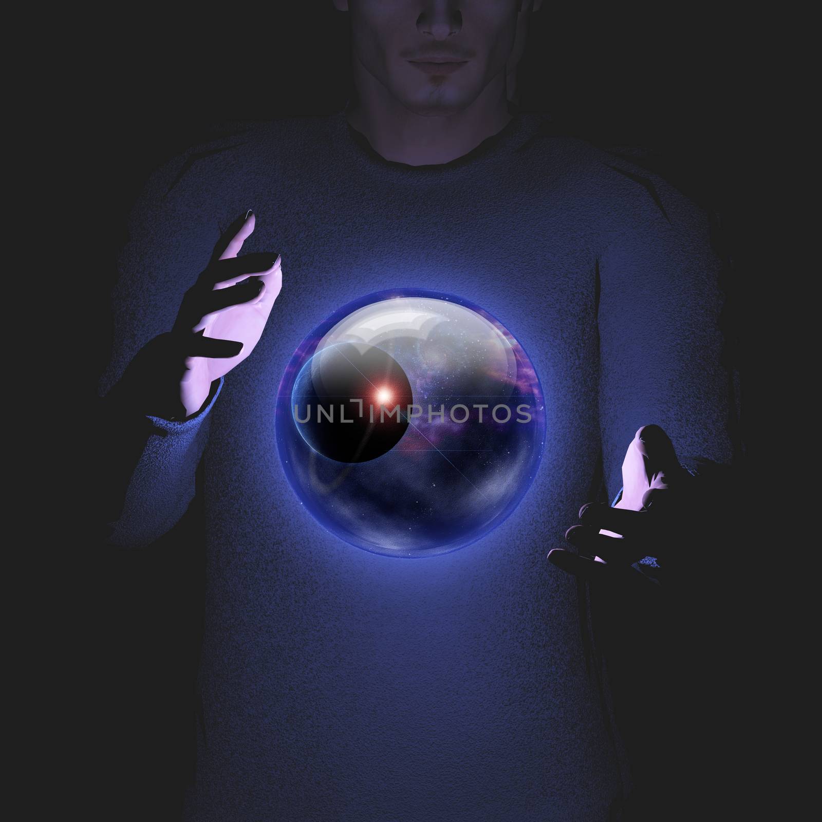 Man holds planet and space in sphere between his hands by applesstock