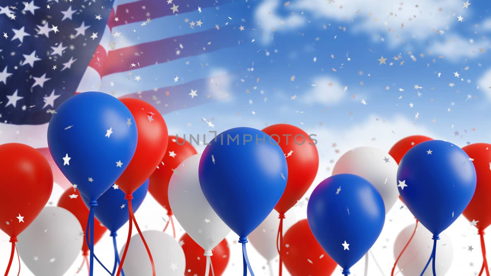 Balloons with usa flag on sky background 3d render by Myimagine