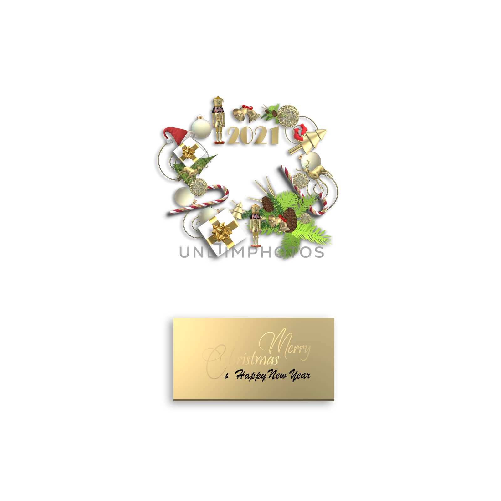 Christmas symbols design on white. Xmas symbols, text on gold gift tag Merry Christmas Happy New Year. 3D illustration. flat lay