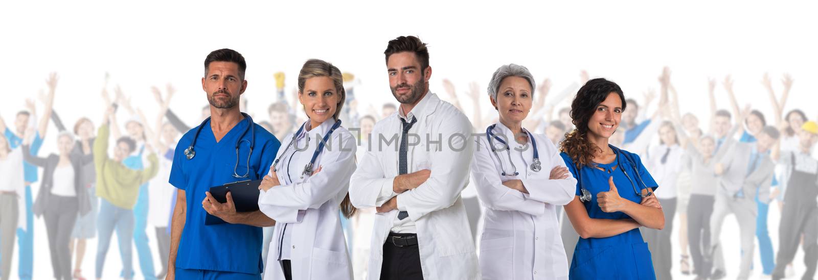 Team of three doctors standing in front of crowd of many people patients isolated on white background medical feat concept