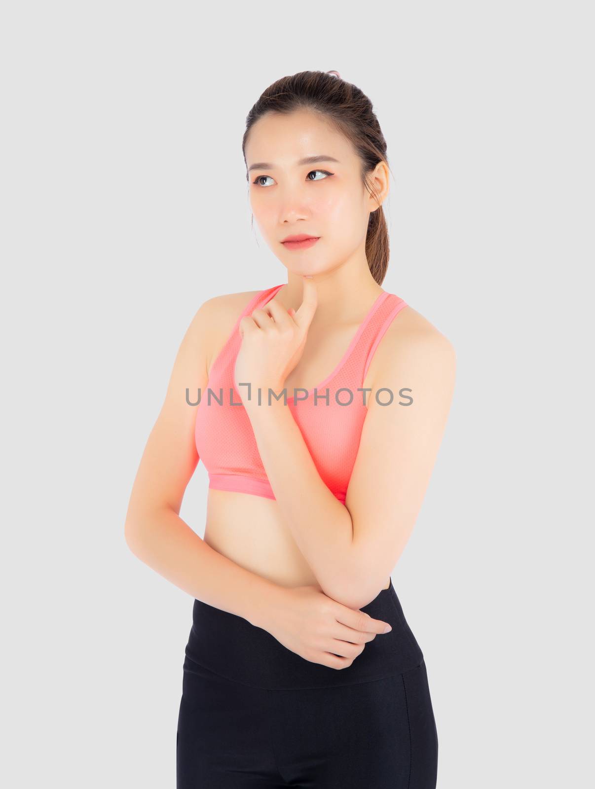 Beautiful portrait young asian woman in sport clothing with satisfied and confident isolated on white background, girl asia have shape and wellness, exercise for fit with health concept.