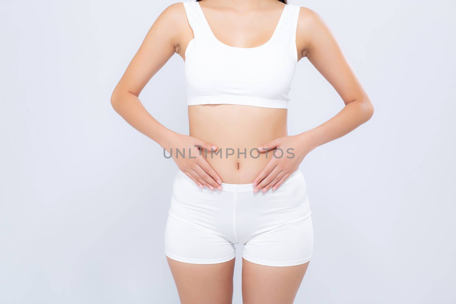 Closeup asian woman beautiful body diet with fit isolated on white background, model girl weight slim with cellulite or calories, health and wellness concept.