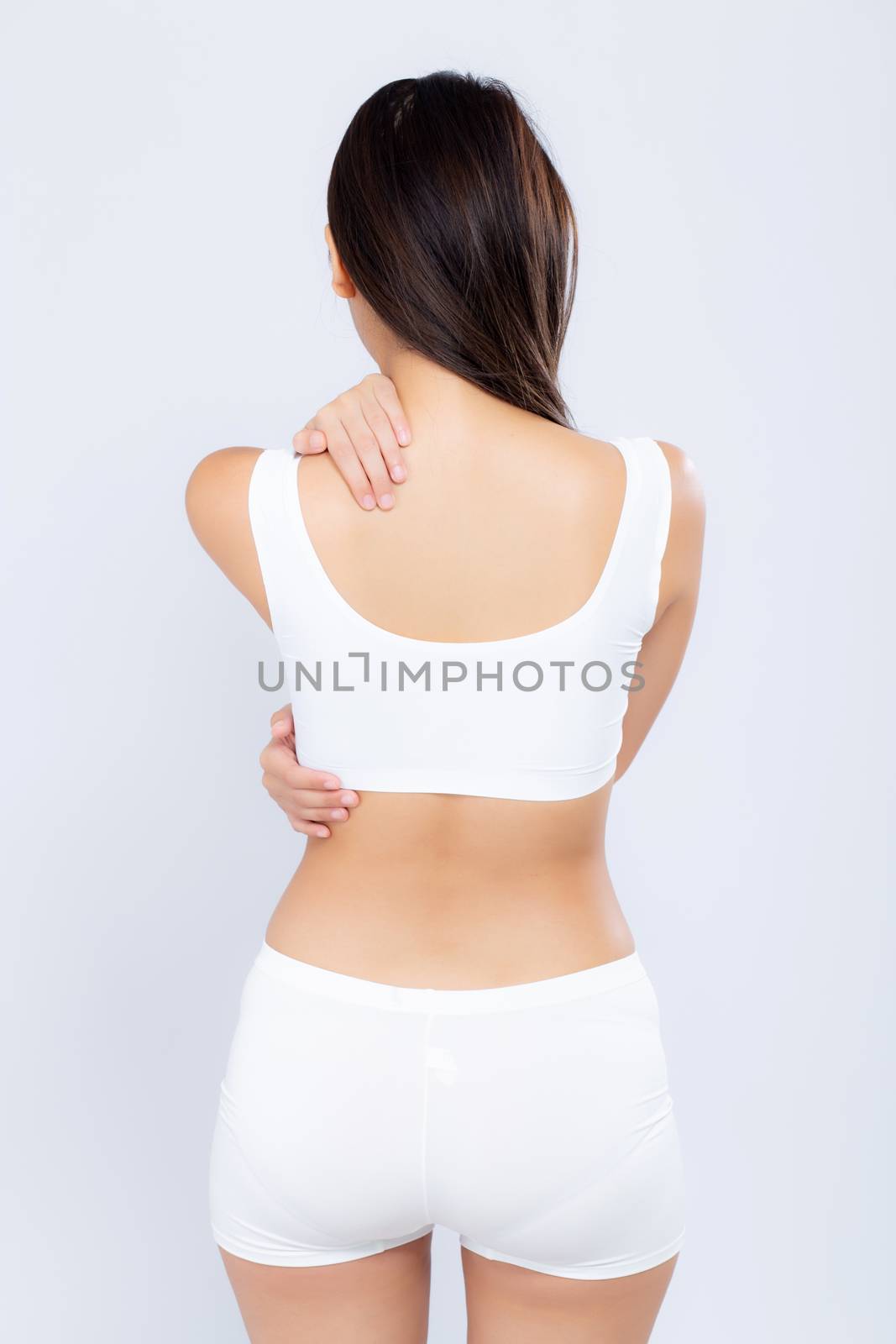 Portrait back young asian woman beautiful body diet with fit isolated on white background, model girl weight slim with cellulite or calories, health and wellness concept.
