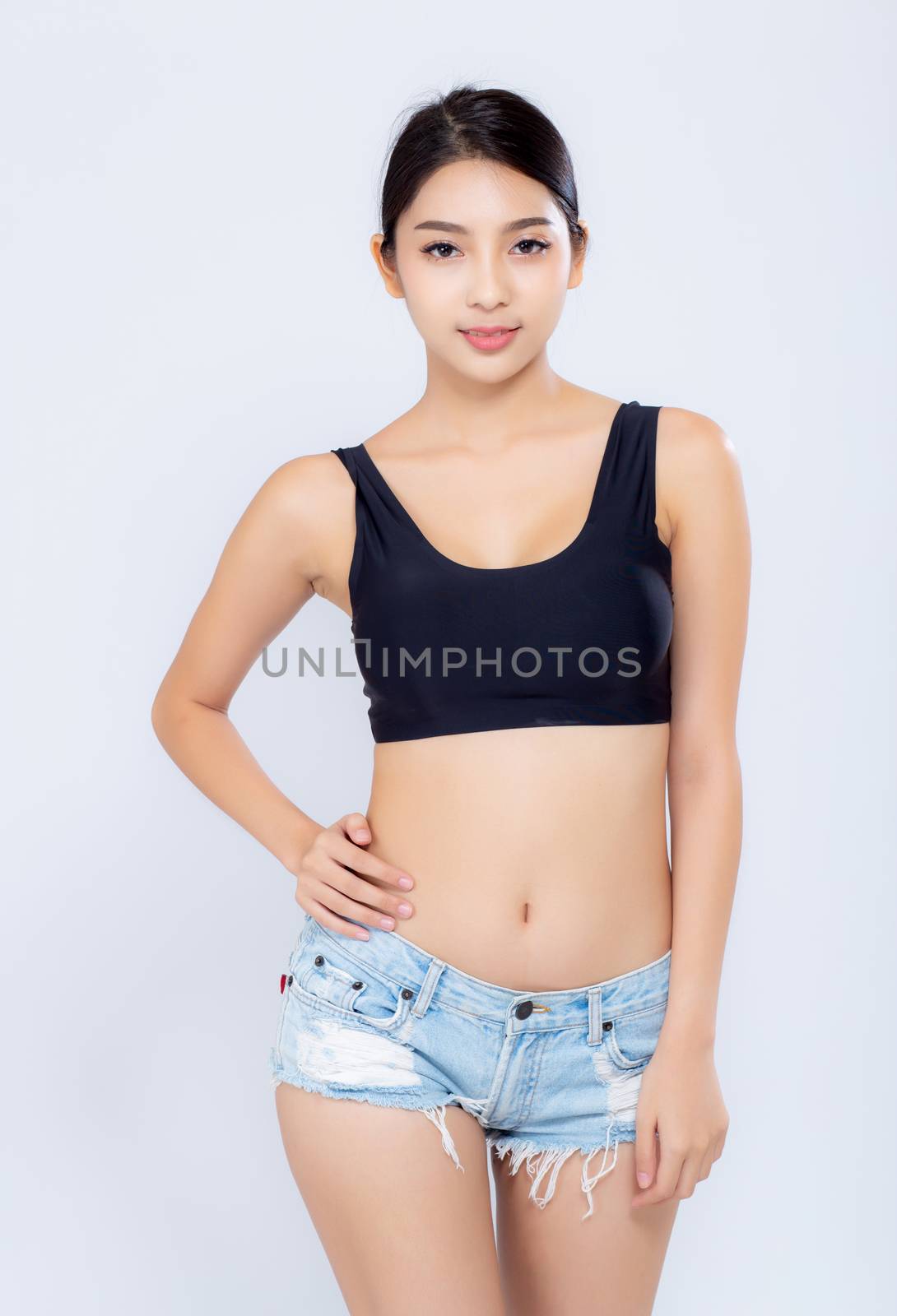 Portrait young asian woman smiling beautiful body diet with fit isolated on white background, model girl weight slim with cellulite or calories, health and wellness concept.