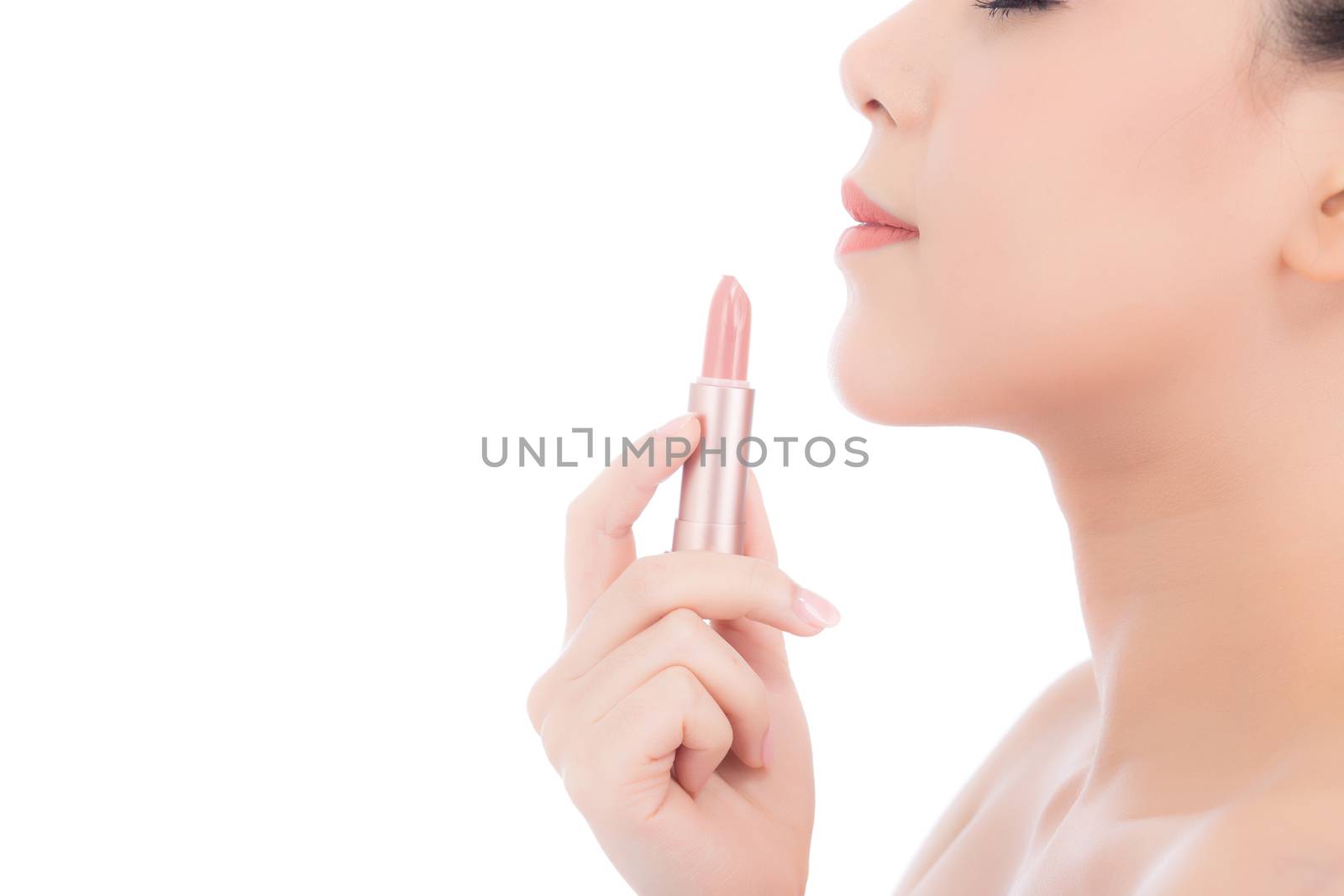 Beauty of portrait asian woman applying make up with lipstick of mouth isolated on white background, Beautiful girl on lips with happy, skincare and cosmetic concept.