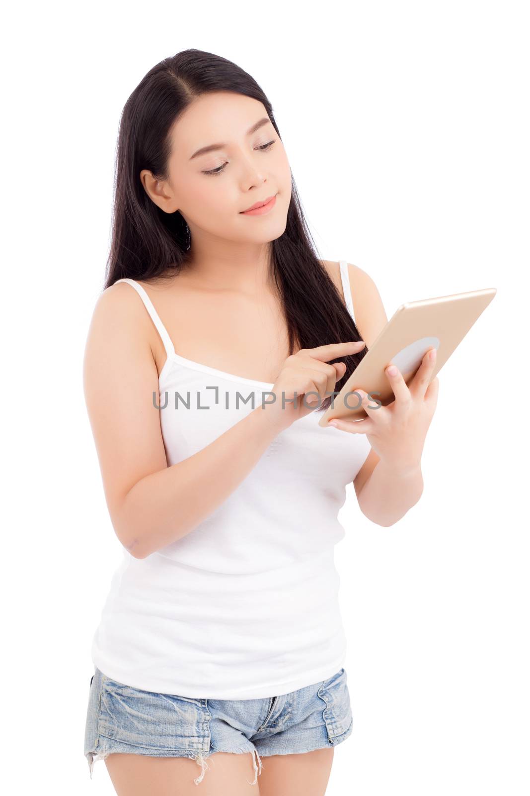 Portrait of asian young woman standing touch blank screen tablet isolated on white background, girl showing technology, business and communication concept.