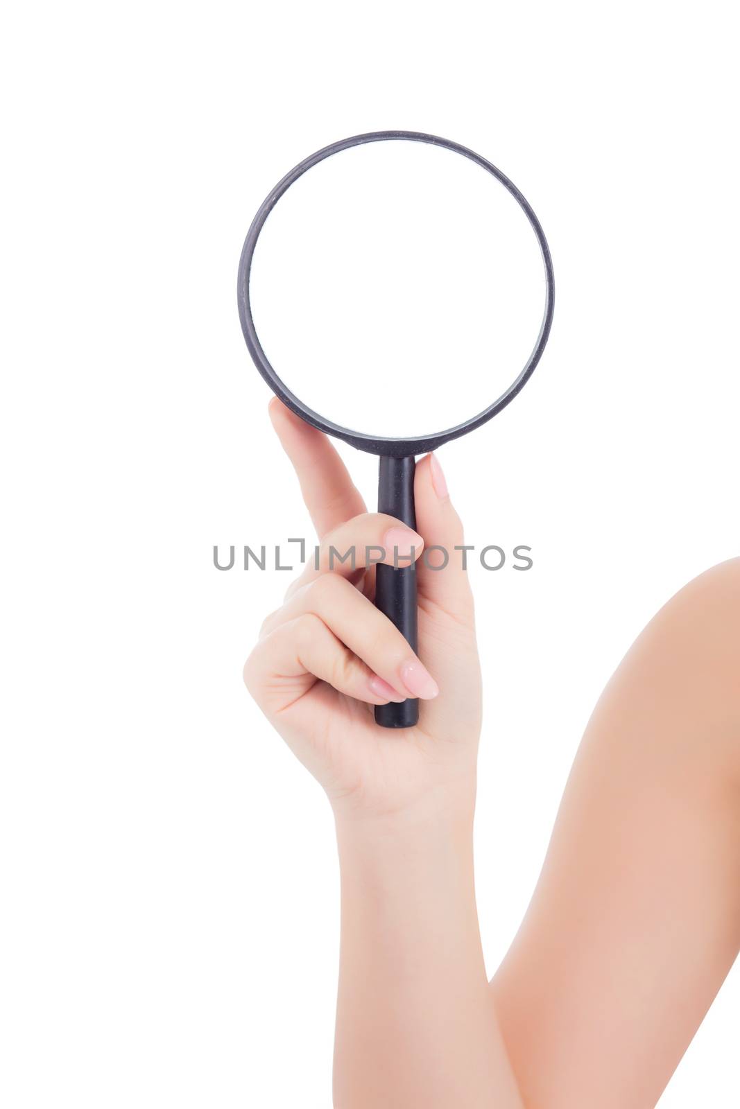 Closeup hand woman holding magnifying glass isolated on white background, detective and search for analyse, vision concept.