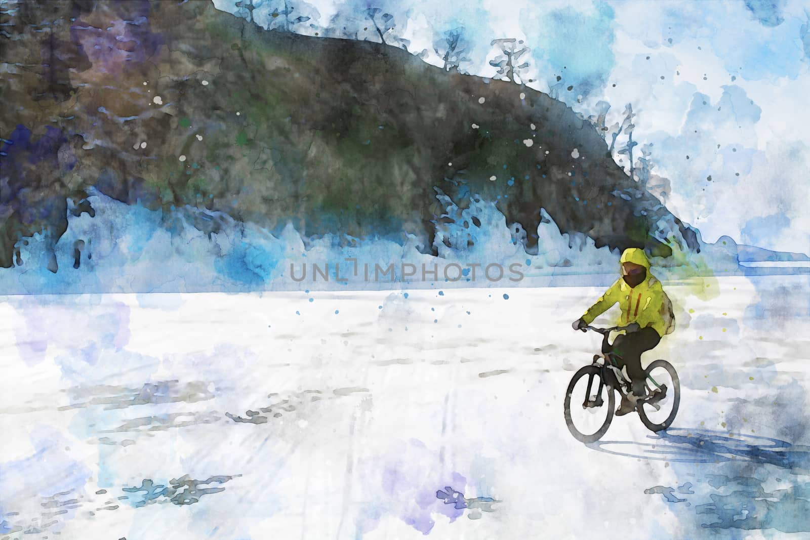 Man riding bicycle alone on ice at frozen lake in winter with island background, digital watercolor painting