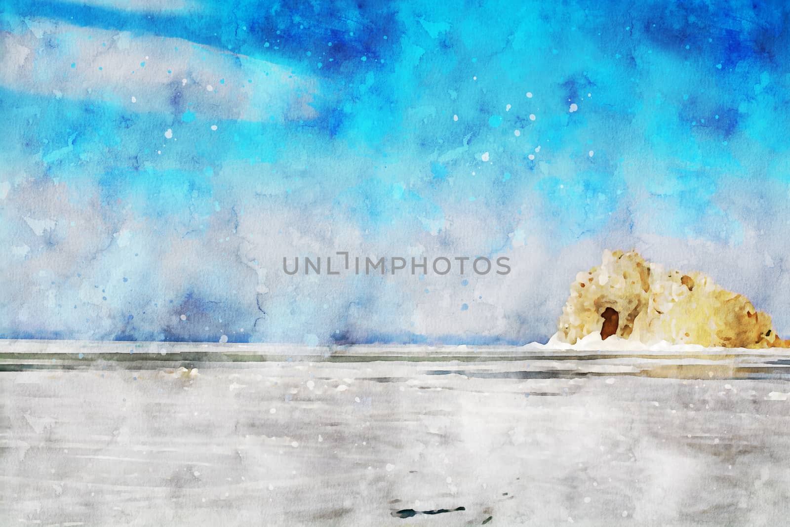 Rock island and frozen lake with blue sky background, digital watercolor painting