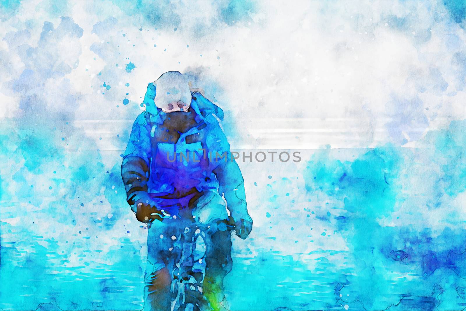 Man riding bicycle alone on ice at frozen lake in winter, digital watercolor painting