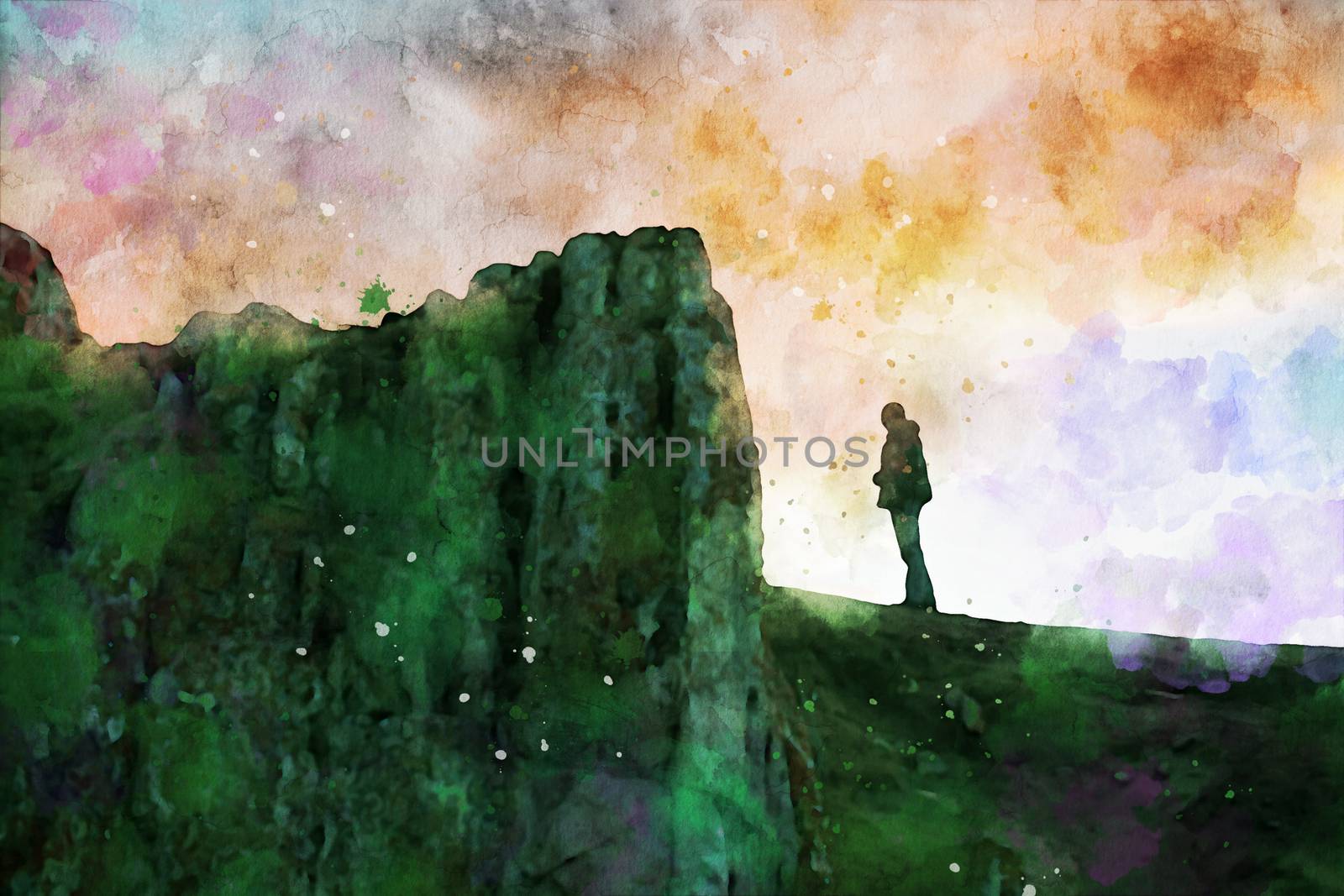Man standing alone on cliff at twilight time with colorful sky background, digital watercolor painting