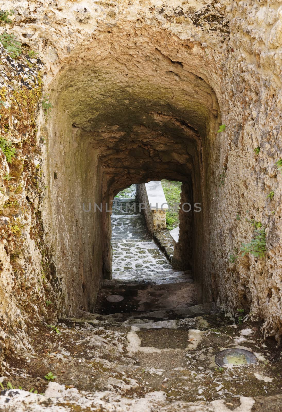 Passage carved into the travertine rock with stairs in Vicovaro -Italy- toward Franciscan oasis ,moss and little plants on rock surface