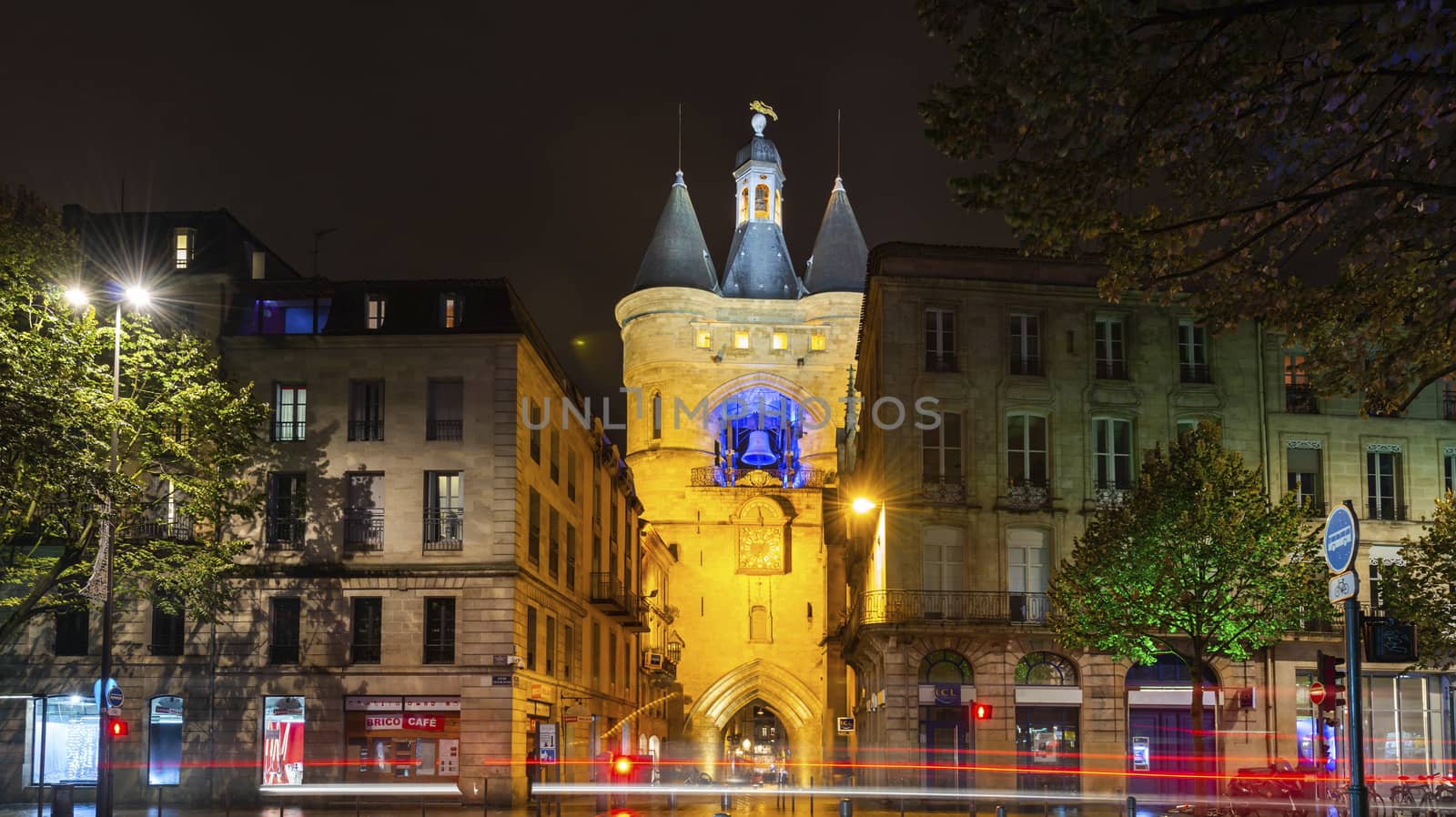 The door of the Big Bell, Bordeaux, at night, View from the Cours Victor Hugo, in Gironde, in New Aquitaine. by Frederic