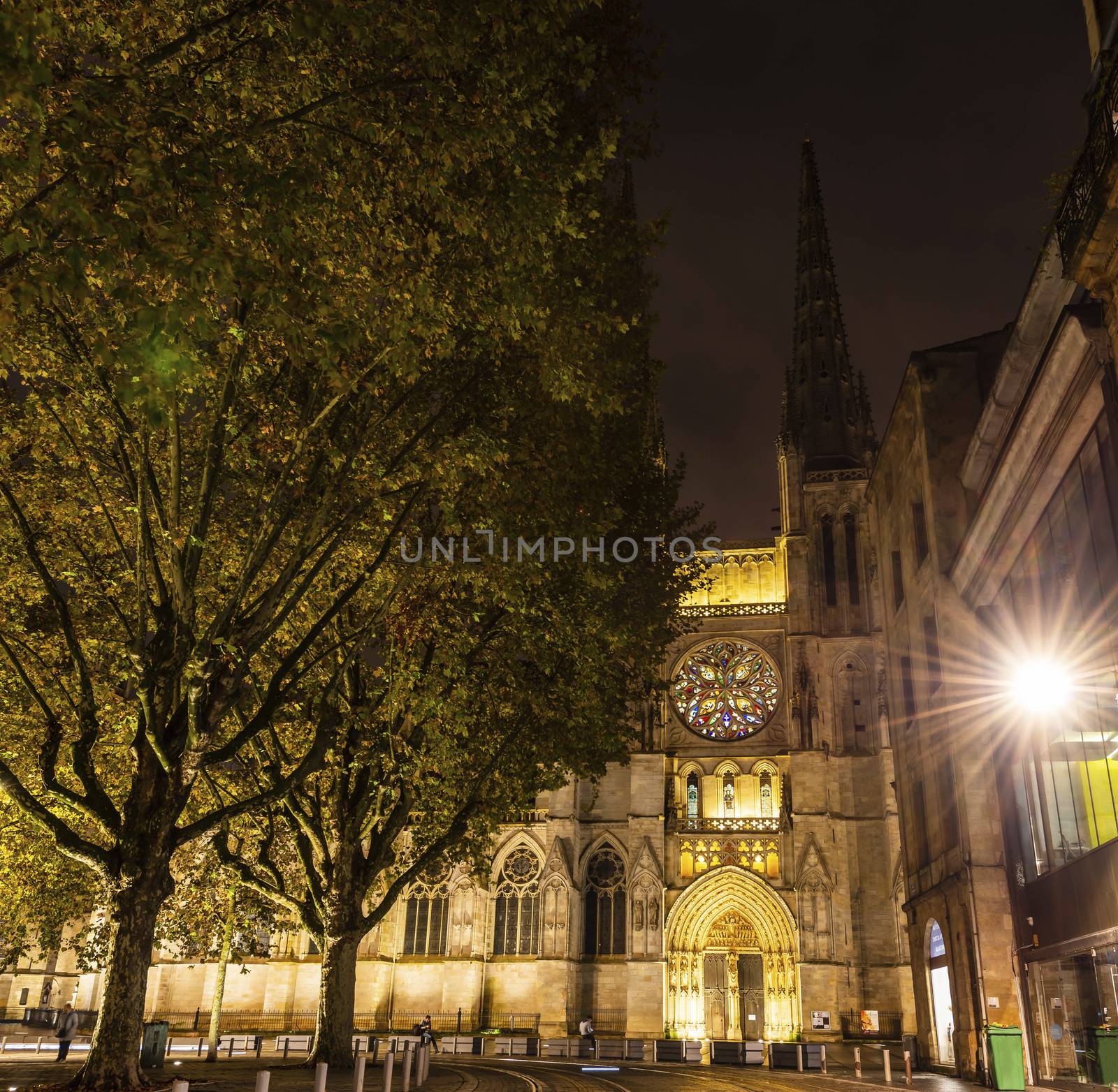 Saint-André cathedral in Bordeaux and its rose window at the bottom, at night. In Gironde, in New Aquitaine, France. by Frederic