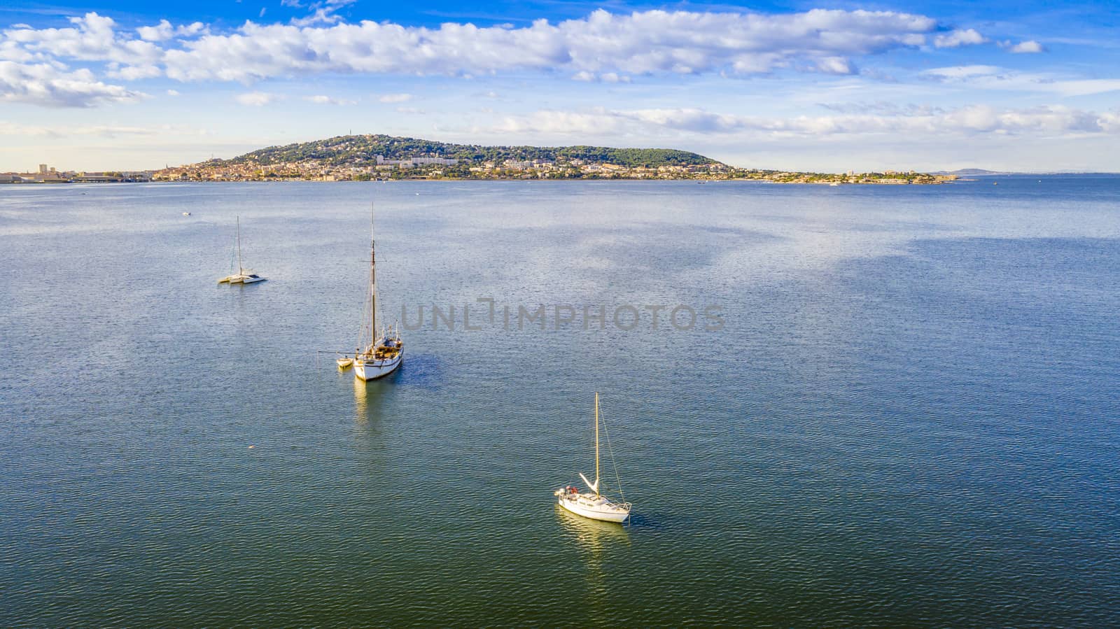 Aerial view of the pond of Thau and Sete from Balaruc les Bains in Occitania, France by Frederic