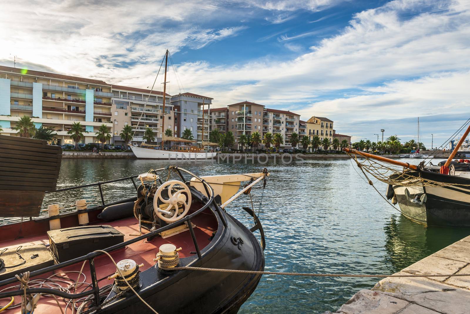 Panoramic view of the maritime canal of Sète in the morning in summer, in Hérault in Occitanie, France by Frederic