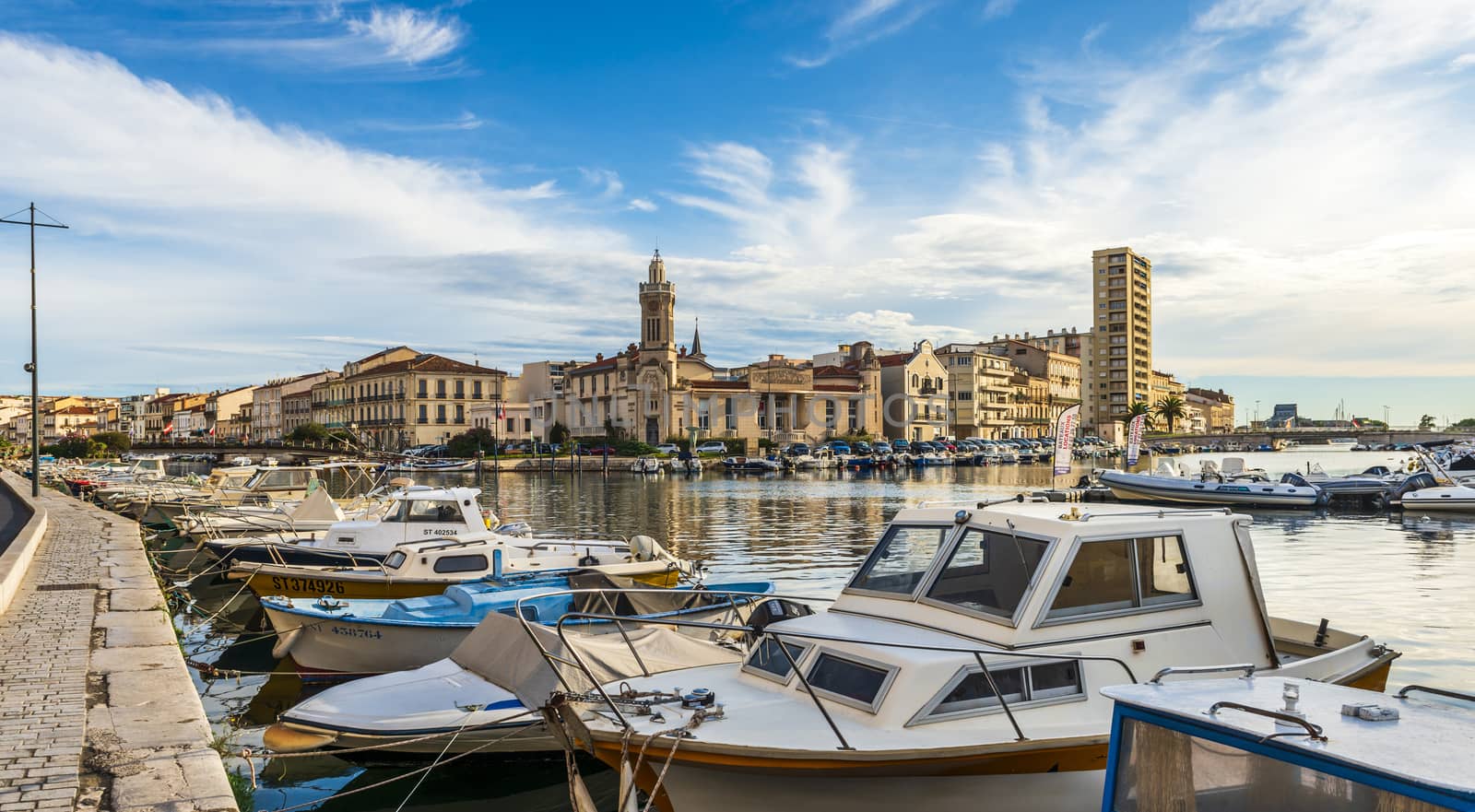 Panorama from the Quai Maréchal de Lattre de Tassigny on the Consulere Palace, in Sete, in the south of France in Occitanie. by Frederic