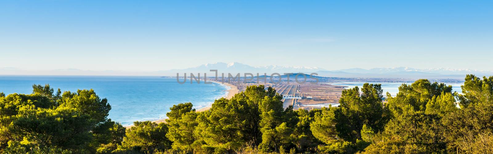Panoramic from the Pierres Blanches, district of Sète where it is possible to have a magnificent view of Mont Saint-Loup Cap d`Agde in the background and on the Pyrenees with Mount Canigou in the background.