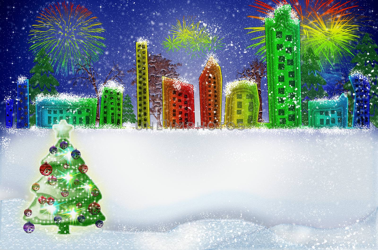 Winter urban countryside landscape village with houses, christmas tree and fireworks. by KajaNi