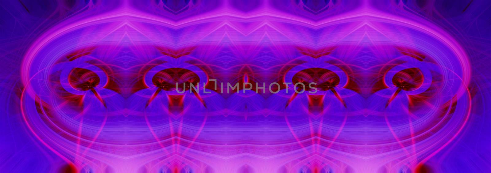 Beautiful abstract intertwined 3d fibers forming a shape of sparkle, flame, flower, interlinked hearts. Blue, maroon, pink, and purple colors. Banner size. Illustration.