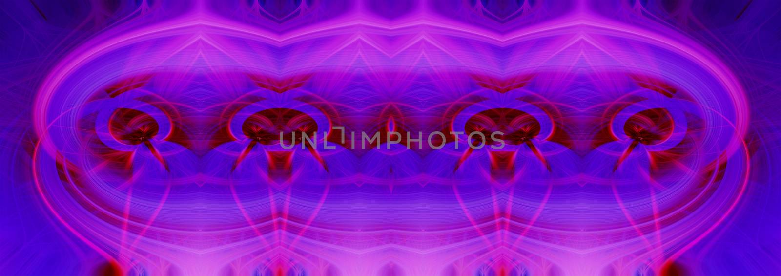 Beautiful abstract intertwined 3d fibers forming a shape of sparkle, flame, flower, interlinked hearts. Blue, maroon, pink, and purple colors. Banner size. Illustration.
