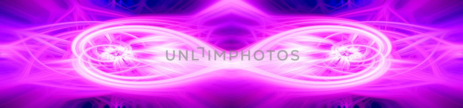 Beautiful abstract intertwined glowing 3d fibers forming a shape of sparkle, flame, flower, interlinked hearts. Pink, purple, blue, and maroon colors. Banner size. Illustration.