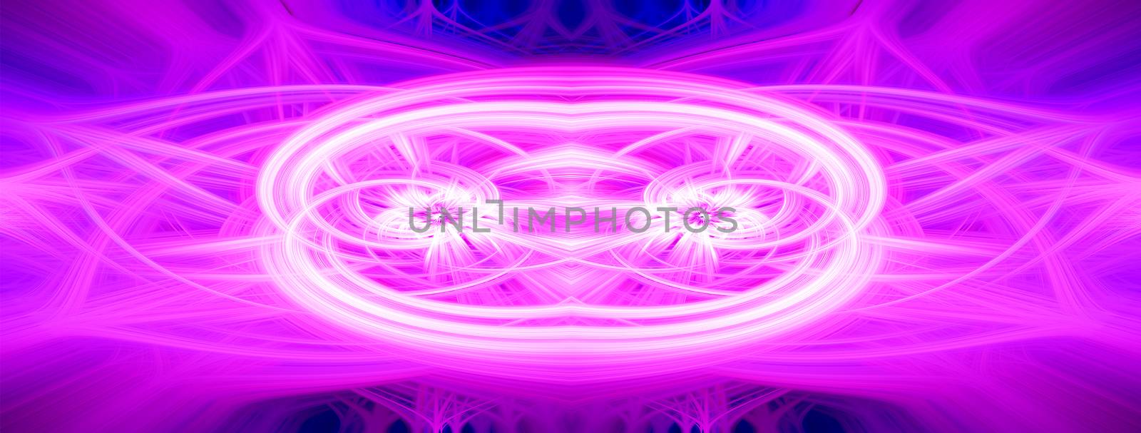 Beautiful abstract intertwined glowing 3d fibers forming a shape of sparkle, flame, flower, interlinked hearts. Pink, purple, blue, and maroon colors. Banner size. Illustration by DamantisZ